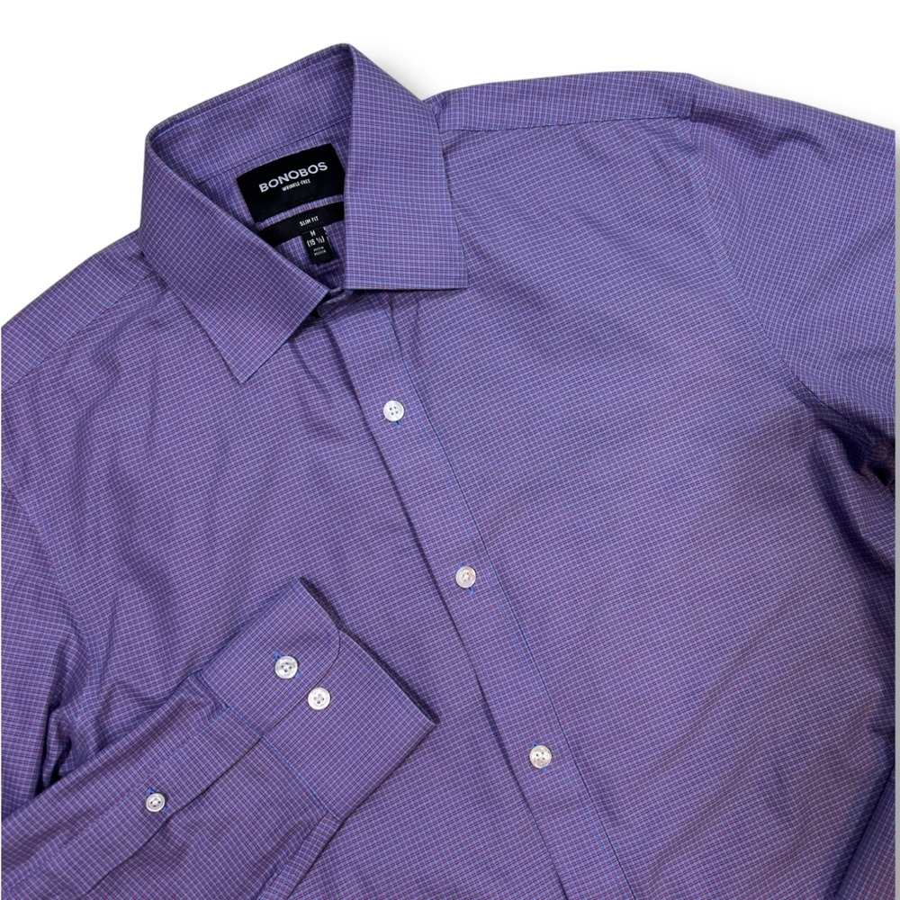 Bonobos Men's Slim Fit Wrinkle-Free Dress Shirt, Purple Check, Medium (15 1/2)